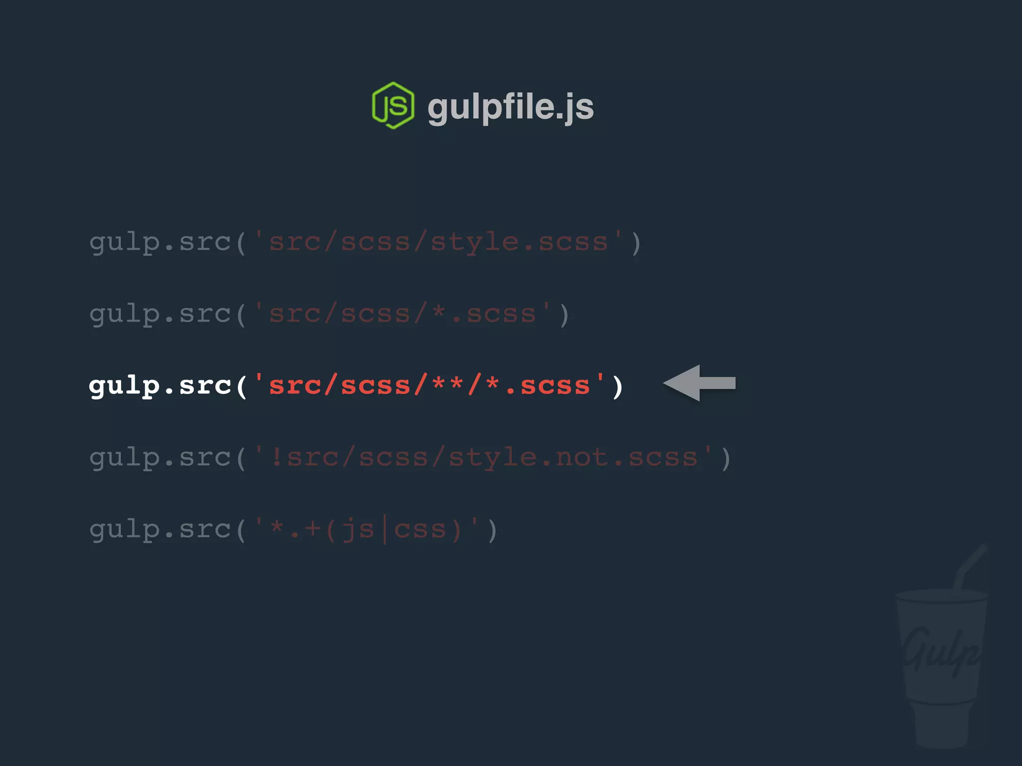 gulp.src('src/scss/style.scss')
gulp.src('src/scss/*.scss')
gulp.src('src/scss/**/*.scss')
gulp.src('!src/scss/style.not.scss')
gulp.src('*.+(js|css)')
gulpﬁle.js
 