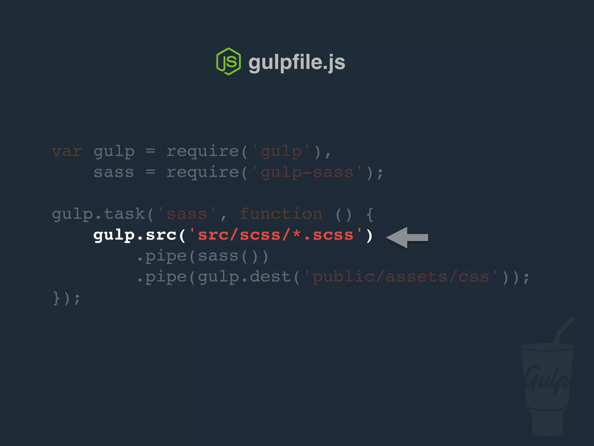 var gulp = require('gulp'),
sass = require('gulp-sass');
gulp.task('sass', function () {
gulp.src('src/scss/*.scss')
.pipe(sass())
.pipe(gulp.dest('public/assets/css'));
});
gulpﬁle.js
 
