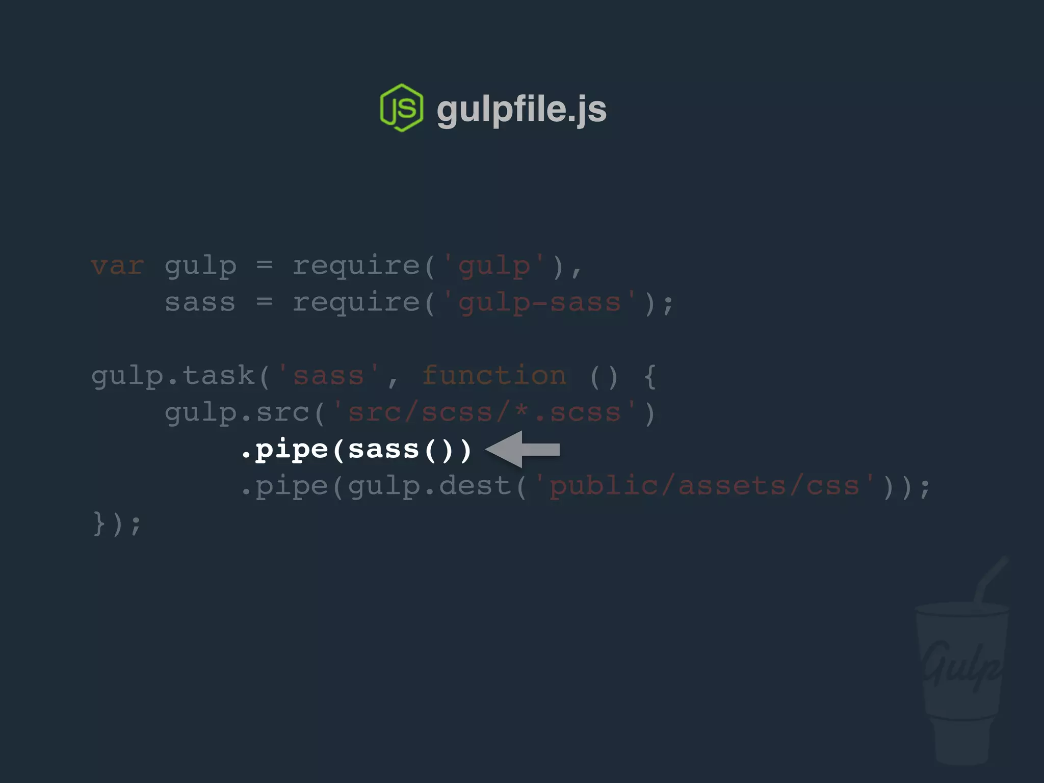 var gulp = require('gulp'),
sass = require('gulp-sass');
gulp.task('sass', function () {
gulp.src('src/scss/*.scss')
.pipe(sass())
.pipe(gulp.dest('public/assets/css'));
});
gulpﬁle.js
 