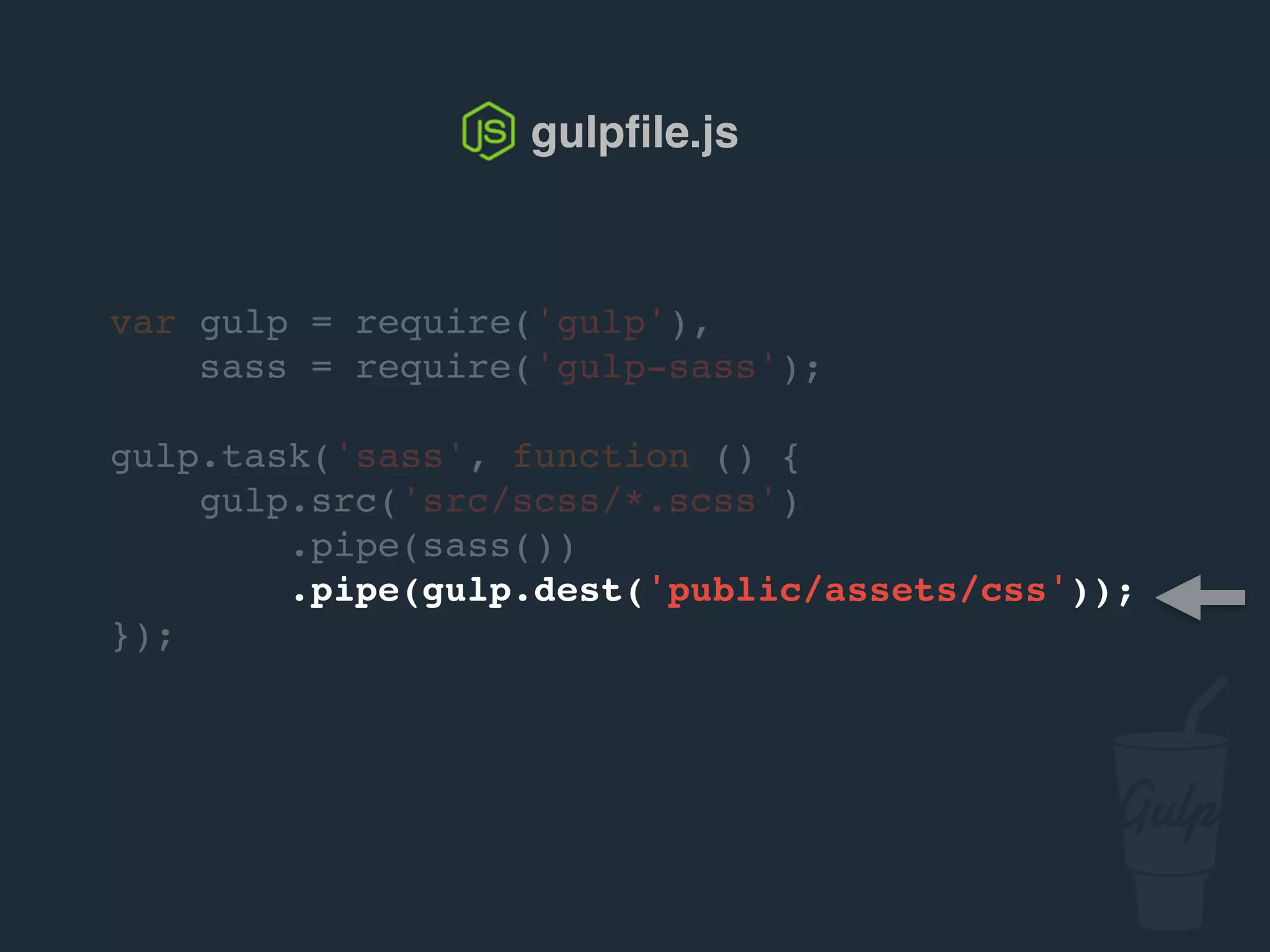 var gulp = require('gulp'),
sass = require('gulp-sass');
gulp.task('sass', function () {
gulp.src('src/scss/*.scss')
.pipe(sass())
.pipe(gulp.dest('public/assets/css'));
});
gulpﬁle.js
 