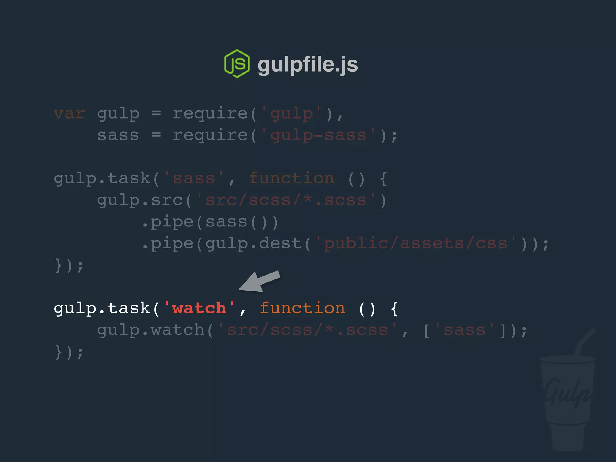 var gulp = require('gulp'),
sass = require('gulp-sass');
gulp.task('sass', function () {
gulp.src('src/scss/*.scss')
.pipe(sass())
.pipe(gulp.dest('public/assets/css'));
});
gulp.task('watch', function () {
gulp.watch('src/scss/*.scss', ['sass']);
});
gulpﬁle.js
 