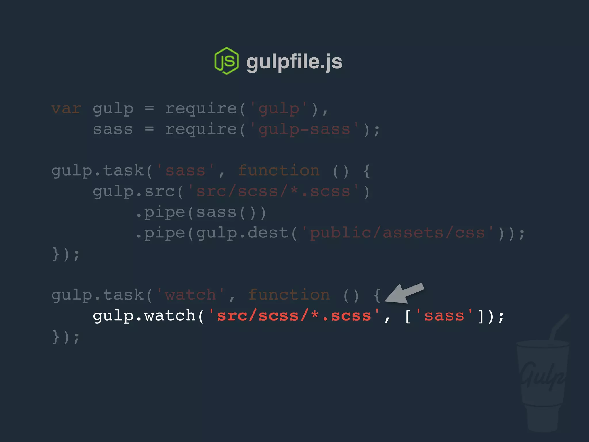 var gulp = require('gulp'),
sass = require('gulp-sass');
gulp.task('sass', function () {
gulp.src('src/scss/*.scss')
.pipe(sass())
.pipe(gulp.dest('public/assets/css'));
});
gulp.task('watch', function () {
gulp.watch('src/scss/*.scss', ['sass']);
});
gulpﬁle.js
 