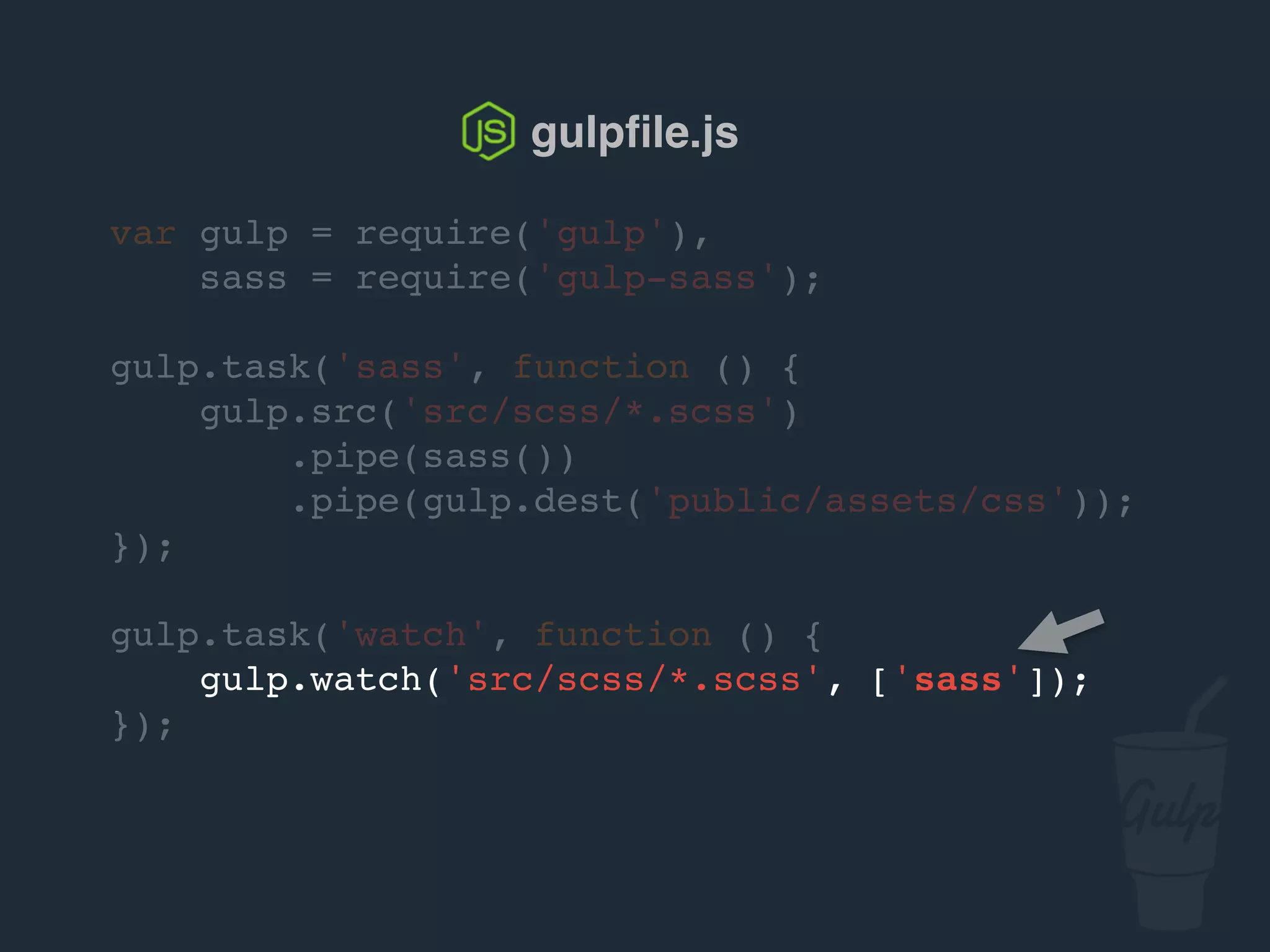 var gulp = require('gulp'),
sass = require('gulp-sass');
gulp.task('sass', function () {
gulp.src('src/scss/*.scss')
.pipe(sass())
.pipe(gulp.dest('public/assets/css'));
});
gulp.task('watch', function () {
gulp.watch('src/scss/*.scss', ['sass']);
});
gulpﬁle.js
 