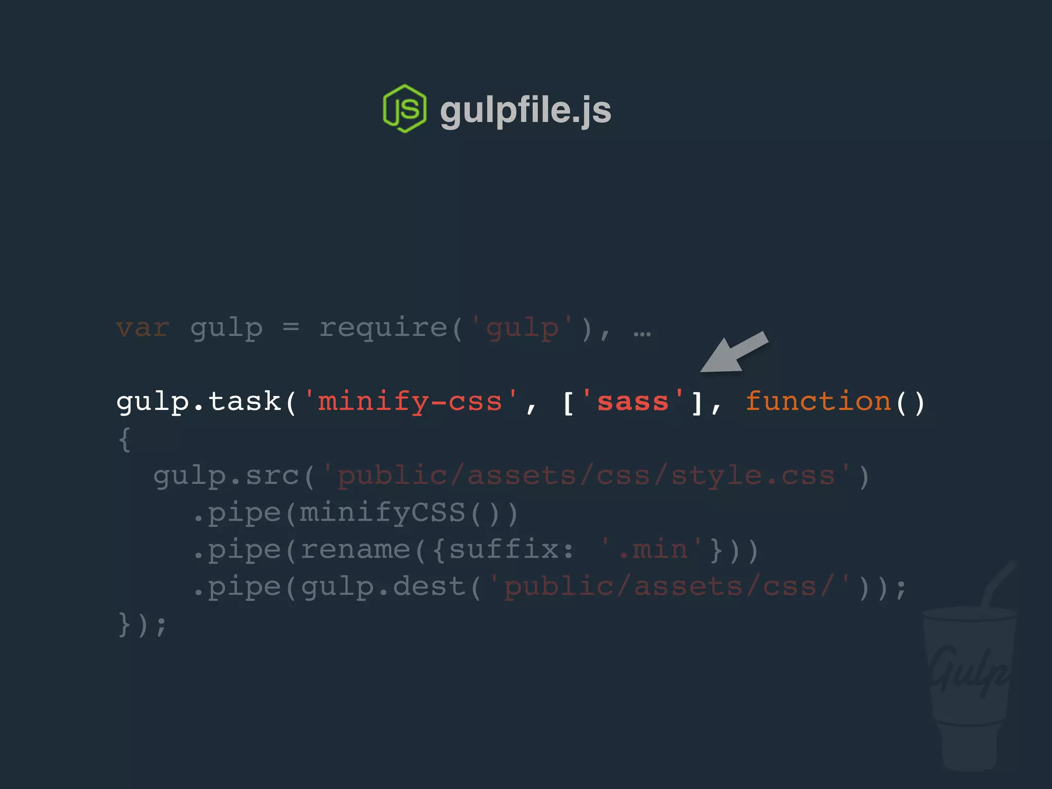 var gulp = require('gulp'), …
gulp.task('minify-css', ['sass'], function()
{
gulp.src('public/assets/css/style.css')
.pipe(csso())
.pipe(rename({suffix: '.min'}))
.pipe(gulp.dest('public/assets/css/'));
});
gulpﬁle.js
 
