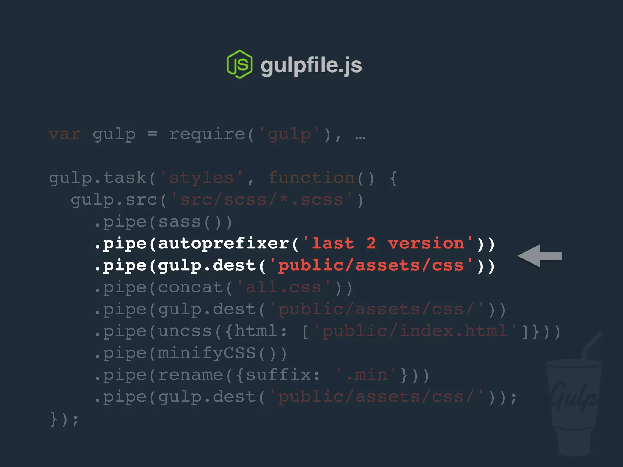 var gulp = require('gulp'), …
gulp.task('styles', function() {
gulp.src('src/scss/*.scss')
.pipe(sass())
.pipe(autoprefixer('last 2 version'))
.pipe(gulp.dest('public/assets/css'))
.pipe(concat('all.css'))
.pipe(gulp.dest('public/assets/css/'))
.pipe(uncss({html: ['public/index.html']}))
.pipe(csso())
.pipe(rename({suffix: '.min'}))
.pipe(gulp.dest('public/assets/css/'));
});
gulpﬁle.js
 