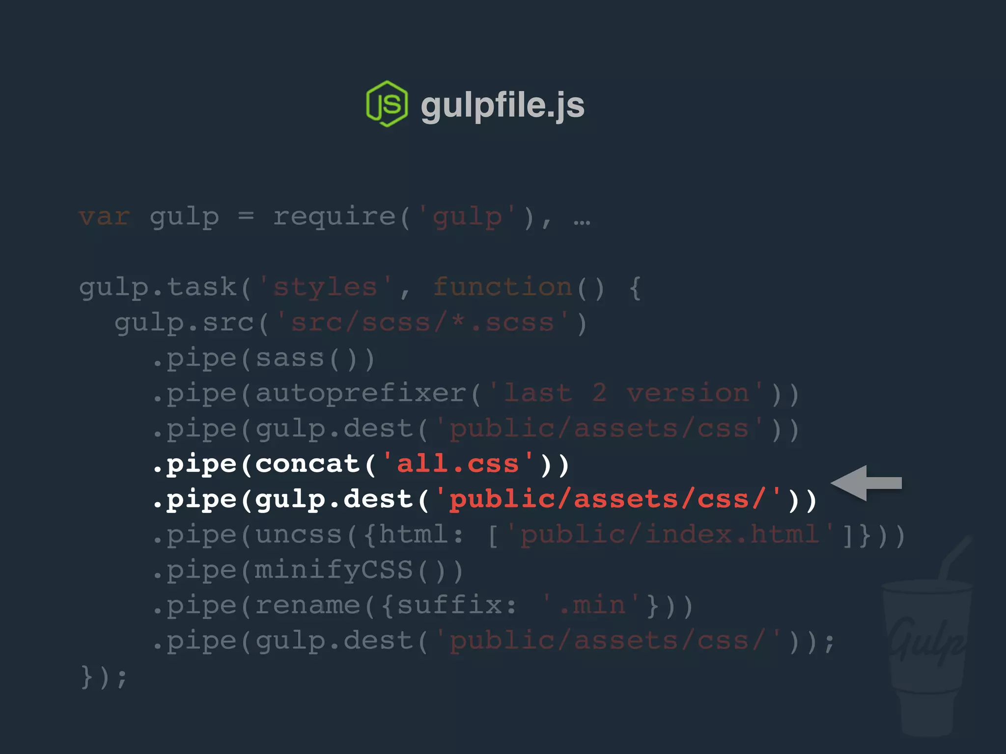var gulp = require('gulp'), …
gulp.task('styles', function() {
gulp.src('src/scss/*.scss')
.pipe(sass())
.pipe(autoprefixer('last 2 version'))
.pipe(gulp.dest('public/assets/css'))
.pipe(concat('all.css'))
.pipe(gulp.dest('public/assets/css/'))
.pipe(uncss({html: ['public/index.html']}))
.pipe(csso())
.pipe(rename({suffix: '.min'}))
.pipe(gulp.dest('public/assets/css/'));
});
gulpﬁle.js
 