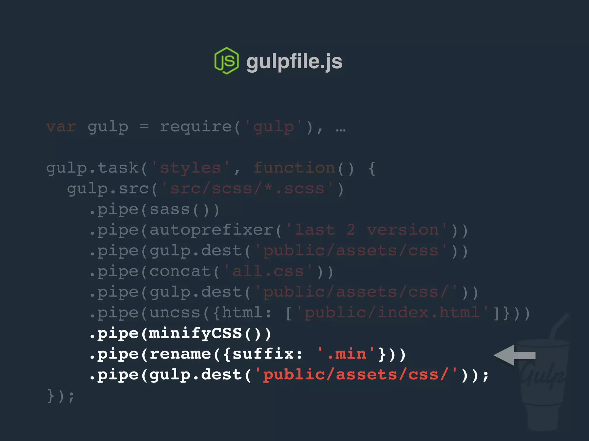 var gulp = require('gulp'), …
gulp.task('styles', function() {
gulp.src('src/scss/*.scss')
.pipe(sass())
.pipe(autoprefixer('last 2 version'))
.pipe(gulp.dest('public/assets/css'))
.pipe(concat('all.css'))
.pipe(gulp.dest('public/assets/css/'))
.pipe(uncss({html: ['public/index.html']}))
.pipe(csso())
.pipe(rename({suffix: '.min'}))
.pipe(gulp.dest('public/assets/css/'));
});
gulpﬁle.js
 