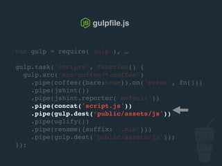 var gulp = require('gulp'), …
gulp.task('scripts', function() {
gulp.src('src/js/*.js')
.pipe(jshint())
.pipe(jshint.reporter('default'))
.pipe(concat('script.js'))
.pipe(gulp.dest('public/assets/js'))
.pipe(uglify())
.pipe(rename({suffix: '.min'}))
.pipe(gulp.dest('public/assets/js'));
});
gulpﬁle.js
 