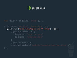 gulpﬁle.js
var gulp = require('gulp'), …
gulp.task('sprite', function () {
gulp.src('src/img/sprites/*.png')
.pipe(spritesmith({
imgName: 'sprite.png',
cssName: 'sprite.css'
}))
.pipe(gulp.dest('public/assets/img/sprites'));
});
 
