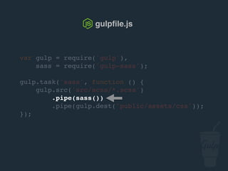 var gulp = require('gulp'),
sass = require('gulp-sass');
gulp.task('sass', function () {
gulp.src('src/scss/*.scss')
.pipe(sass())
.pipe(gulp.dest('public/assets/css'));
});
gulpﬁle.js
 