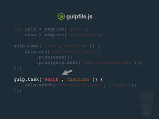 var gulp = require('gulp'),
sass = require('gulp-sass');
gulp.task('sass', function () {
gulp.src('src/scss/*.scss')
.pipe(sass())
.pipe(gulp.dest('public/assets/css'));
});
gulp.task('watch', function () {
gulp.watch('src/scss/*.scss', ['sass']);
});
gulpﬁle.js
 