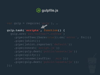 var gulp = require('gulp'), …
gulp.task('scripts', function() {
gulp.src('src/js/*.js')
.pipe(jshint())
.pipe(jshint.reporter('default'))
.pipe(concat('script.js'))
.pipe(gulp.dest('public/assets/js'))
.pipe(uglify())
.pipe(rename({suffix: '.min'}))
.pipe(gulp.dest('public/assets/js'));
});
gulpﬁle.js
 