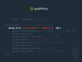var gulp = require('gulp'), …
gulp.task('scripts', function() {
gulp.src('src/js/*.js')
.pipe(jshint())
.pipe(jshint.reporter('default'))
.pipe(concat('script.js'))
.pipe(gulp.dest('public/assets/js'))
.pipe(uglify())
.pipe(rename({suffix: '.min'}))
.pipe(gulp.dest('public/assets/js'));
});
gulpﬁle.js
 
