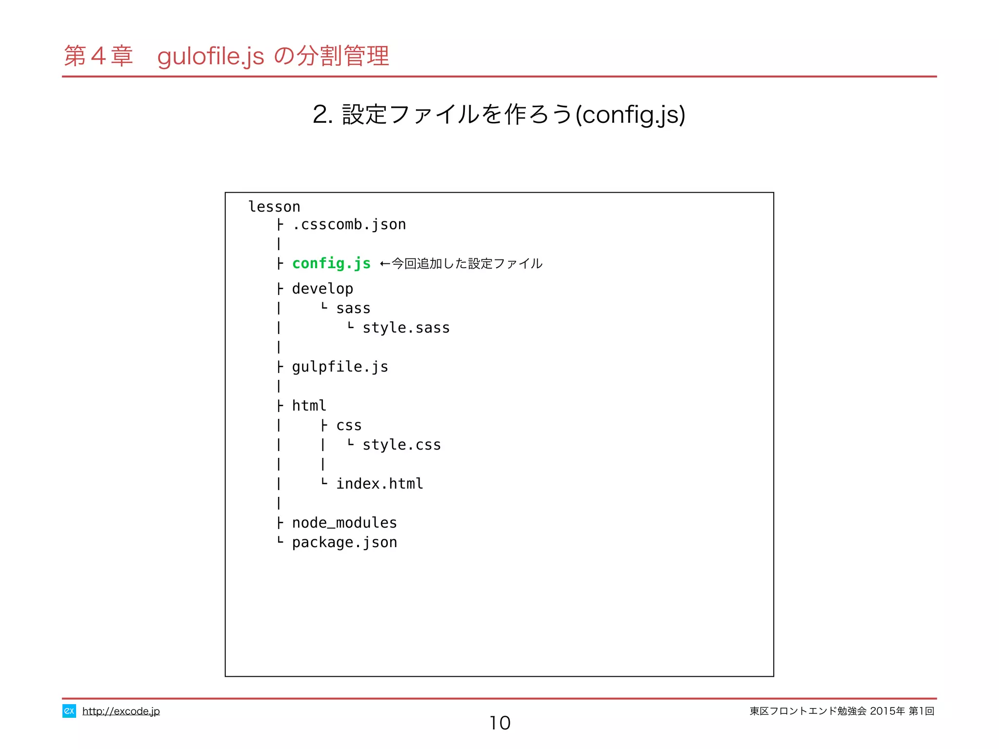 東区フロントエンド勉強会 2015年 第1回
10
lesson
├ .csscomb.json
│
├ conﬁg.js ←今回追加した設定ファイル
├ develop
│ └ sass
│ └ style.sass
│
├ gulpﬁle.js
│
├ html
│ ├ css
│ │ └ style.css
│ │
│ └ index.html
│
├ node_modules
└ package.json
http://excode.jp
第４章　guloﬁle.js の分割管理
2. 設定ファイルを作ろう(conﬁg.js)
 