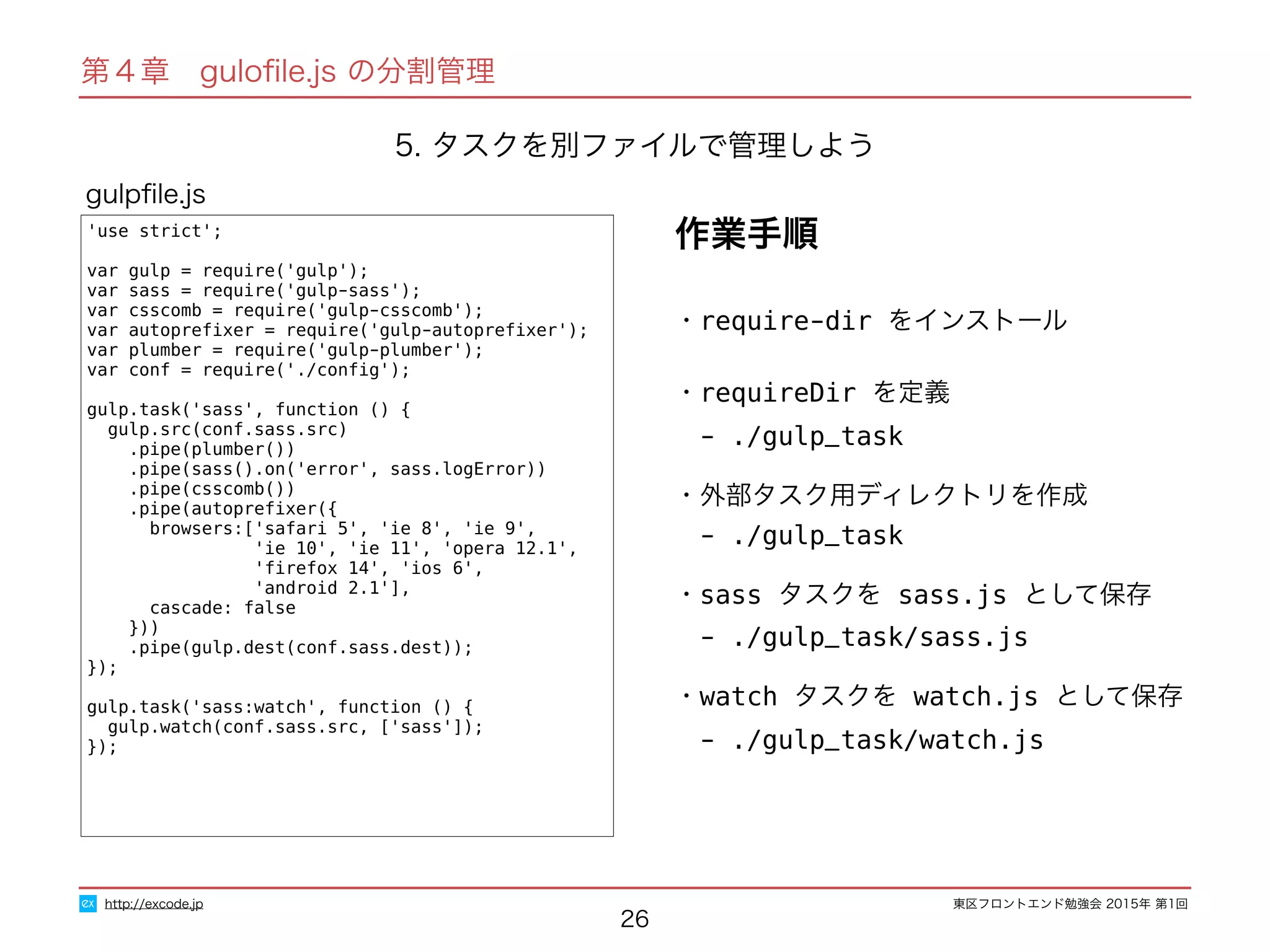 東区フロントエンド勉強会 2015年 第1回
26
'use strict';
var gulp = require('gulp');
var sass = require('gulp-sass');
var csscomb = require('gulp-csscomb');
var autopreﬁxer = require('gulp-autopreﬁxer');
var plumber = require('gulp-plumber');
var conf = require('./conﬁg');
gulp.task('sass', function () {
gulp.src(conf.sass.src)
.pipe(plumber())
.pipe(sass().on('error', sass.logError))
.pipe(csscomb())
.pipe(autopreﬁxer({
browsers:['safari 5', 'ie 8', 'ie 9',
'ie 10', 'ie 11', 'opera 12.1',
'ﬁrefox 14', 'ios 6',
'android 2.1'],
cascade: false
}))
.pipe(gulp.dest(conf.sass.dest));
});
gulp.task('sass:watch', function () {
gulp.watch(conf.sass.src, ['sass']);
});
gulpﬁle.js
http://excode.jp
第４章　guloﬁle.js の分割管理
作業手順
5. タスクを別ファイルで管理しよう
・require-dir をインストール
・requireDir を定義
　- ./gulp_task
・外部タスク用ディレクトリを作成
　- ./gulp_task
・sass タスクを sass.js として保存
　- ./gulp_task/sass.js
・watch タスクを watch.js として保存
　- ./gulp_task/watch.js
 