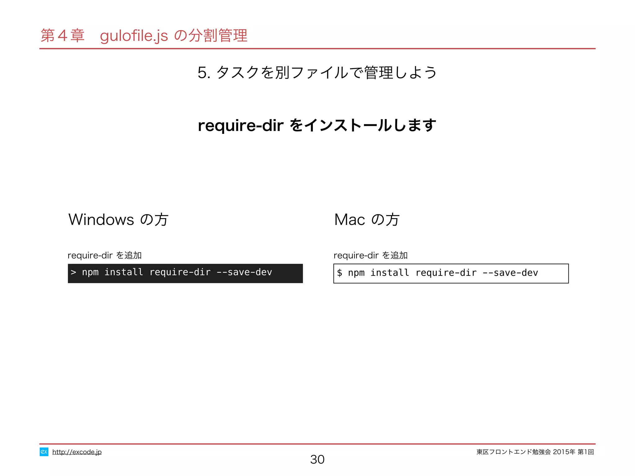 東区フロントエンド勉強会 2015年 第1回
30
Windows の方 Mac の方
> npm install require-dir --save-dev
require-dir を追加
$ npm install require-dir --save-dev
require-dir を追加
http://excode.jp
第４章　guloﬁle.js の分割管理
5. タスクを別ファイルで管理しよう
require-dir をインストールします
 