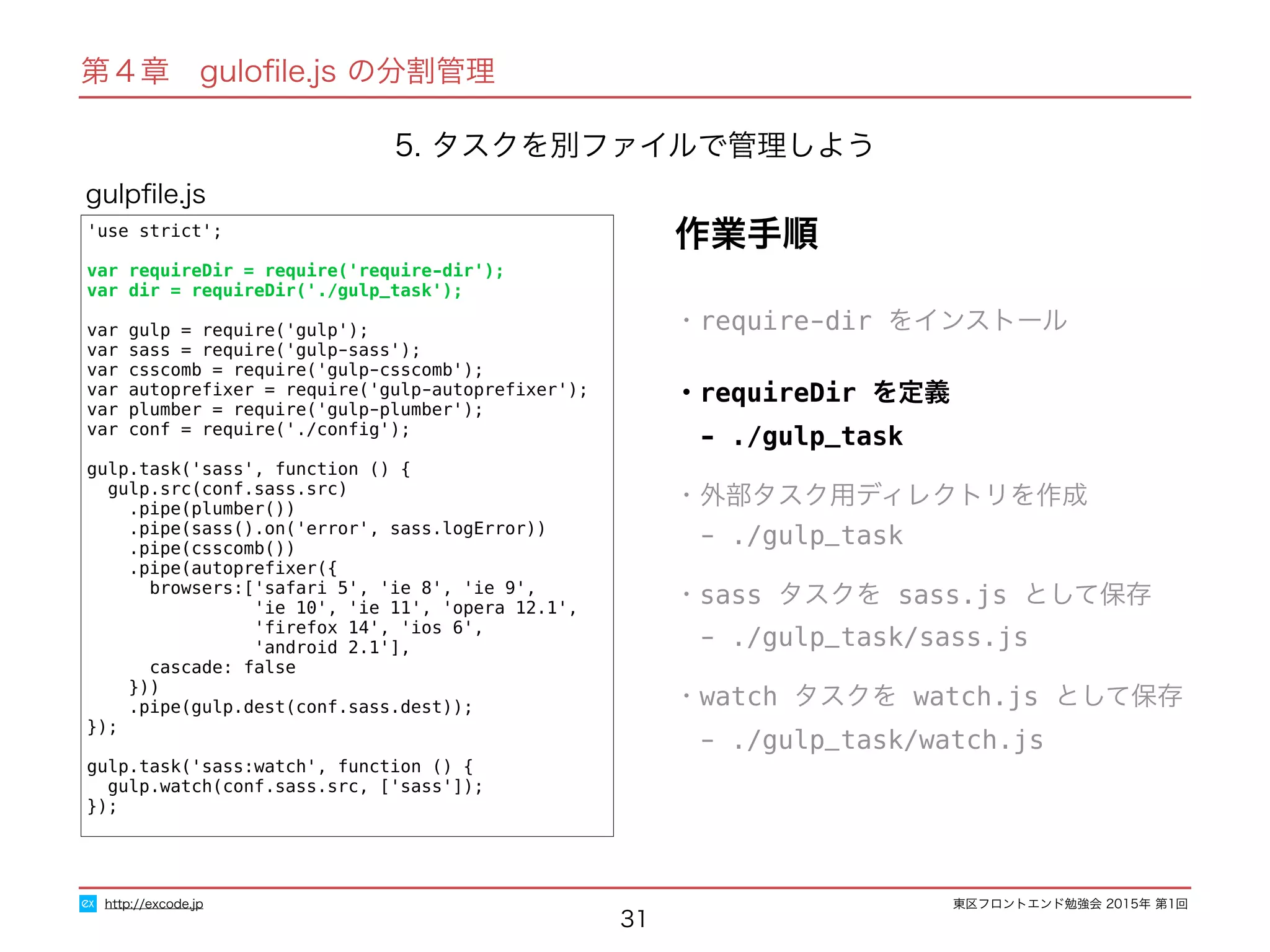 東区フロントエンド勉強会 2015年 第1回
31
'use strict';
var requireDir = require('require-dir');
var dir = requireDir('./gulp_task');
var gulp = require('gulp');
var sass = require('gulp-sass');
var csscomb = require('gulp-csscomb');
var autopreﬁxer = require('gulp-autopreﬁxer');
var plumber = require('gulp-plumber');
var conf = require('./conﬁg');
gulp.task('sass', function () {
gulp.src(conf.sass.src)
.pipe(plumber())
.pipe(sass().on('error', sass.logError))
.pipe(csscomb())
.pipe(autopreﬁxer({
browsers:['safari 5', 'ie 8', 'ie 9',
'ie 10', 'ie 11', 'opera 12.1',
'ﬁrefox 14', 'ios 6',
'android 2.1'],
cascade: false
}))
.pipe(gulp.dest(conf.sass.dest));
});
gulp.task('sass:watch', function () {
gulp.watch(conf.sass.src, ['sass']);
});
gulpﬁle.js
http://excode.jp
第４章　guloﬁle.js の分割管理
作業手順
5. タスクを別ファイルで管理しよう
・require-dir をインストール
・requireDir を定義
　- ./gulp_task
・外部タスク用ディレクトリを作成
　- ./gulp_task
・sass タスクを sass.js として保存
　- ./gulp_task/sass.js
・watch タスクを watch.js として保存
　- ./gulp_task/watch.js
 