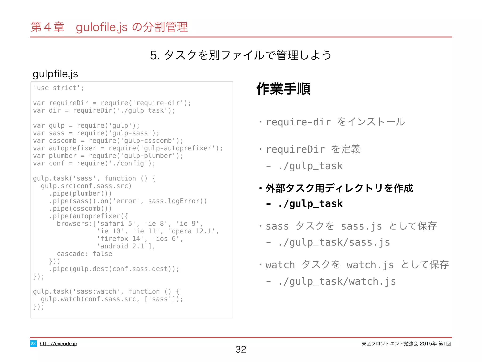 東区フロントエンド勉強会 2015年 第1回
32
'use strict';
var requireDir = require('require-dir');
var dir = requireDir('./gulp_task');
var gulp = require('gulp');
var sass = require('gulp-sass');
var csscomb = require('gulp-csscomb');
var autopreﬁxer = require('gulp-autopreﬁxer');
var plumber = require('gulp-plumber');
var conf = require('./conﬁg');
gulp.task('sass', function () {
gulp.src(conf.sass.src)
.pipe(plumber())
.pipe(sass().on('error', sass.logError))
.pipe(csscomb())
.pipe(autopreﬁxer({
browsers:['safari 5', 'ie 8', 'ie 9',
'ie 10', 'ie 11', 'opera 12.1',
'ﬁrefox 14', 'ios 6',
'android 2.1'],
cascade: false
}))
.pipe(gulp.dest(conf.sass.dest));
});
gulp.task('sass:watch', function () {
gulp.watch(conf.sass.src, ['sass']);
});
gulpﬁle.js
http://excode.jp
第４章　guloﬁle.js の分割管理
5. タスクを別ファイルで管理しよう
・require-dir をインストール
・requireDir を定義
　- ./gulp_task
・外部タスク用ディレクトリを作成
　- ./gulp_task
・sass タスクを sass.js として保存
　- ./gulp_task/sass.js
・watch タスクを watch.js として保存
　- ./gulp_task/watch.js
作業手順
 