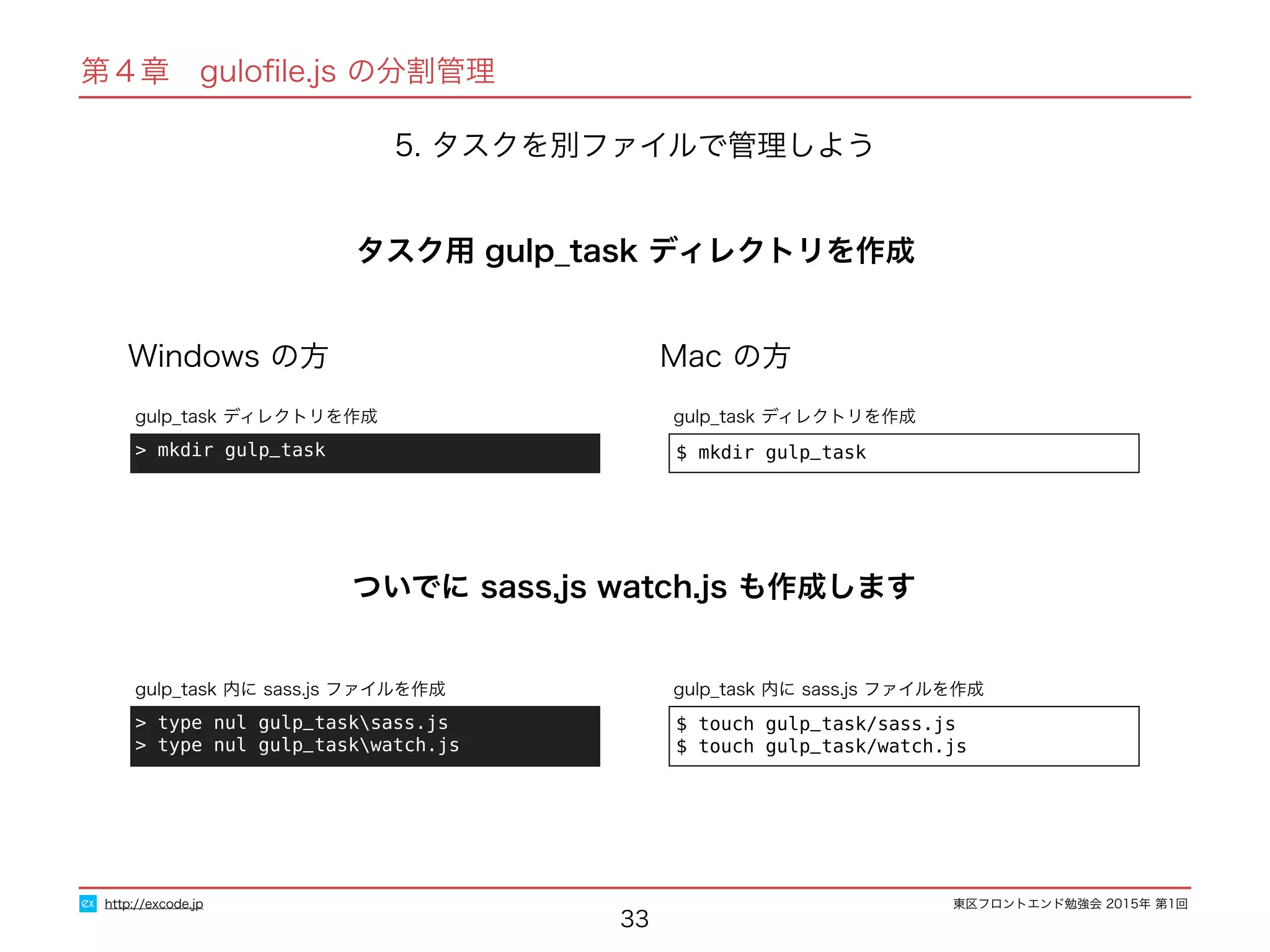 東区フロントエンド勉強会 2015年 第1回
33
http://excode.jp
第４章　guloﬁle.js の分割管理
5. タスクを別ファイルで管理しよう
タスク用 gulp_task ディレクトリを作成
Windows の方 Mac の方
$ mkdir gulp_task
gulp_task ディレクトリを作成
> mkdir gulp_task
gulp_task ディレクトリを作成
$ touch gulp_task/sass.js
$ touch gulp_task/watch.js
gulp_task 内に sass.js ファイルを作成
> type nul gulp_tasksass.js
> type nul gulp_taskwatch.js
gulp_task 内に sass.js ファイルを作成
ついでに sass,js watch.js も作成します
 