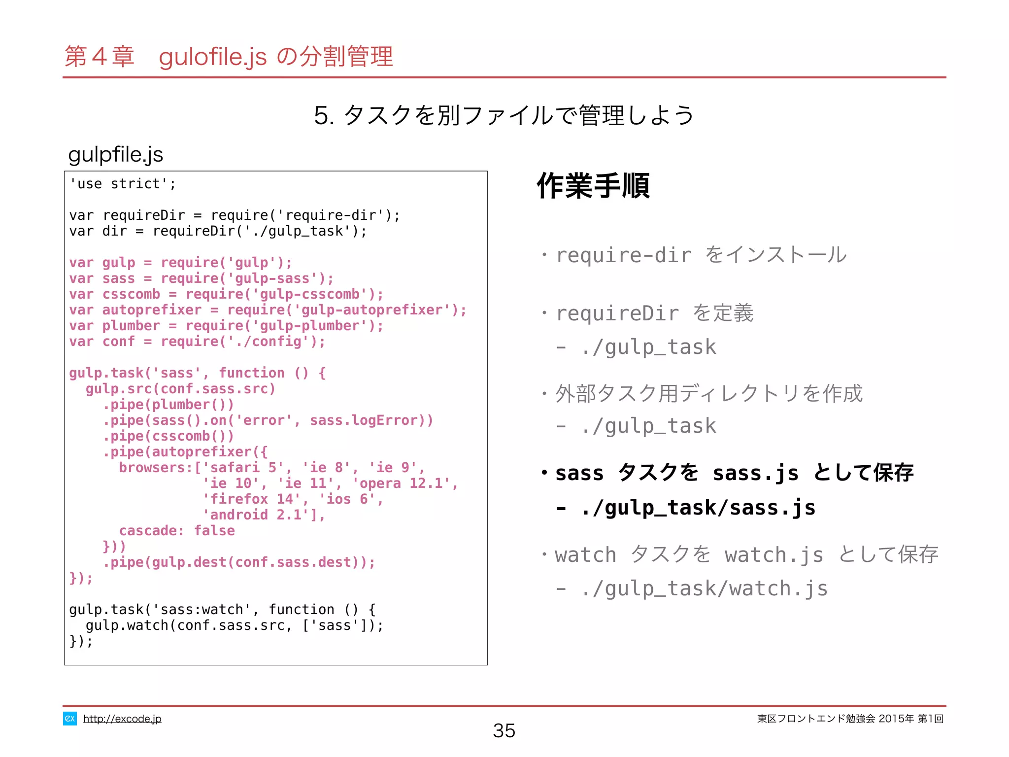 東区フロントエンド勉強会 2015年 第1回
35
'use strict';
var requireDir = require('require-dir');
var dir = requireDir('./gulp_task');
var gulp = require('gulp');
var sass = require('gulp-sass');
var csscomb = require('gulp-csscomb');
var autopreﬁxer = require('gulp-autopreﬁxer');
var plumber = require('gulp-plumber');
var conf = require('./conﬁg');
gulp.task('sass', function () {
gulp.src(conf.sass.src)
.pipe(plumber())
.pipe(sass().on('error', sass.logError))
.pipe(csscomb())
.pipe(autopreﬁxer({
browsers:['safari 5', 'ie 8', 'ie 9',
'ie 10', 'ie 11', 'opera 12.1',
'ﬁrefox 14', 'ios 6',
'android 2.1'],
cascade: false
}))
.pipe(gulp.dest(conf.sass.dest));
});
gulp.task('sass:watch', function () {
gulp.watch(conf.sass.src, ['sass']);
});
gulpﬁle.js
http://excode.jp
第４章　guloﬁle.js の分割管理
5. タスクを別ファイルで管理しよう
・require-dir をインストール
・requireDir を定義
　- ./gulp_task
・外部タスク用ディレクトリを作成
　- ./gulp_task
・sass タスクを sass.js として保存
　- ./gulp_task/sass.js
・watch タスクを watch.js として保存
　- ./gulp_task/watch.js
作業手順
 