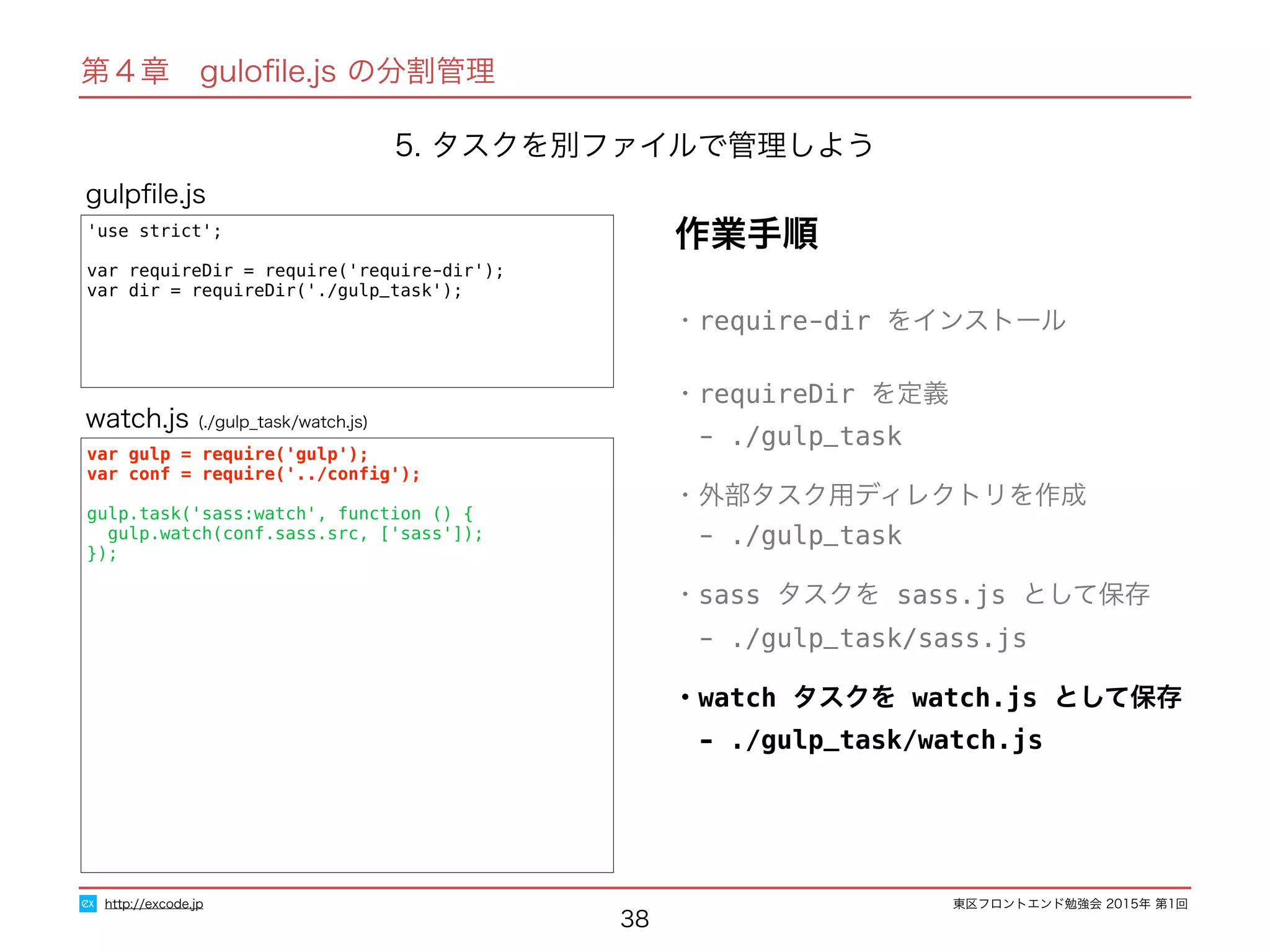 東区フロントエンド勉強会 2015年 第1回
38
'use strict';
var requireDir = require('require-dir');
var dir = requireDir('./gulp_task');
gulpﬁle.js
http://excode.jp
第４章　guloﬁle.js の分割管理
5. タスクを別ファイルで管理しよう
var gulp = require('gulp');
var conf = require('../conﬁg');
gulp.task('sass:watch', function () {
gulp.watch(conf.sass.src, ['sass']);
});
watch.js (./gulp_task/watch.js)
作業手順
・require-dir をインストール
・requireDir を定義
　- ./gulp_task
・外部タスク用ディレクトリを作成
　- ./gulp_task
・sass タスクを sass.js として保存
　- ./gulp_task/sass.js
・watch タスクを watch.js として保存
　- ./gulp_task/watch.js
 