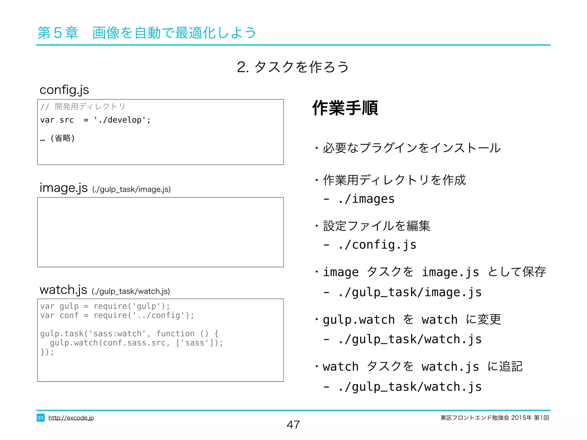 東区フロントエンド勉強会 2015年 第1回
47
http://excode.jp
第５章　画像を自動で最適化しよう
・必要なプラグインをインストール
・作業用ディレクトリを作成
　- ./images
・設定ファイルを編集
　- ./conﬁg.js
・image タスクを image.js として保存
　- ./gulp_task/image.js
・gulp.watch を watch に変更
　- ./gulp_task/watch.js
・watch タスクを watch.js に追記
　- ./gulp_task/watch.js
作業手順
image.js (./gulp_task/image.js)
var gulp = require('gulp');
var conf = require('../conﬁg');
gulp.task('sass:watch', function () {
gulp.watch(conf.sass.src, ['sass']);
});
watch.js (./gulp_task/watch.js)
// 開発用ディレクトリ
var src = './develop';
… (省略)
conﬁg.js
2. タスクを作ろう
 
