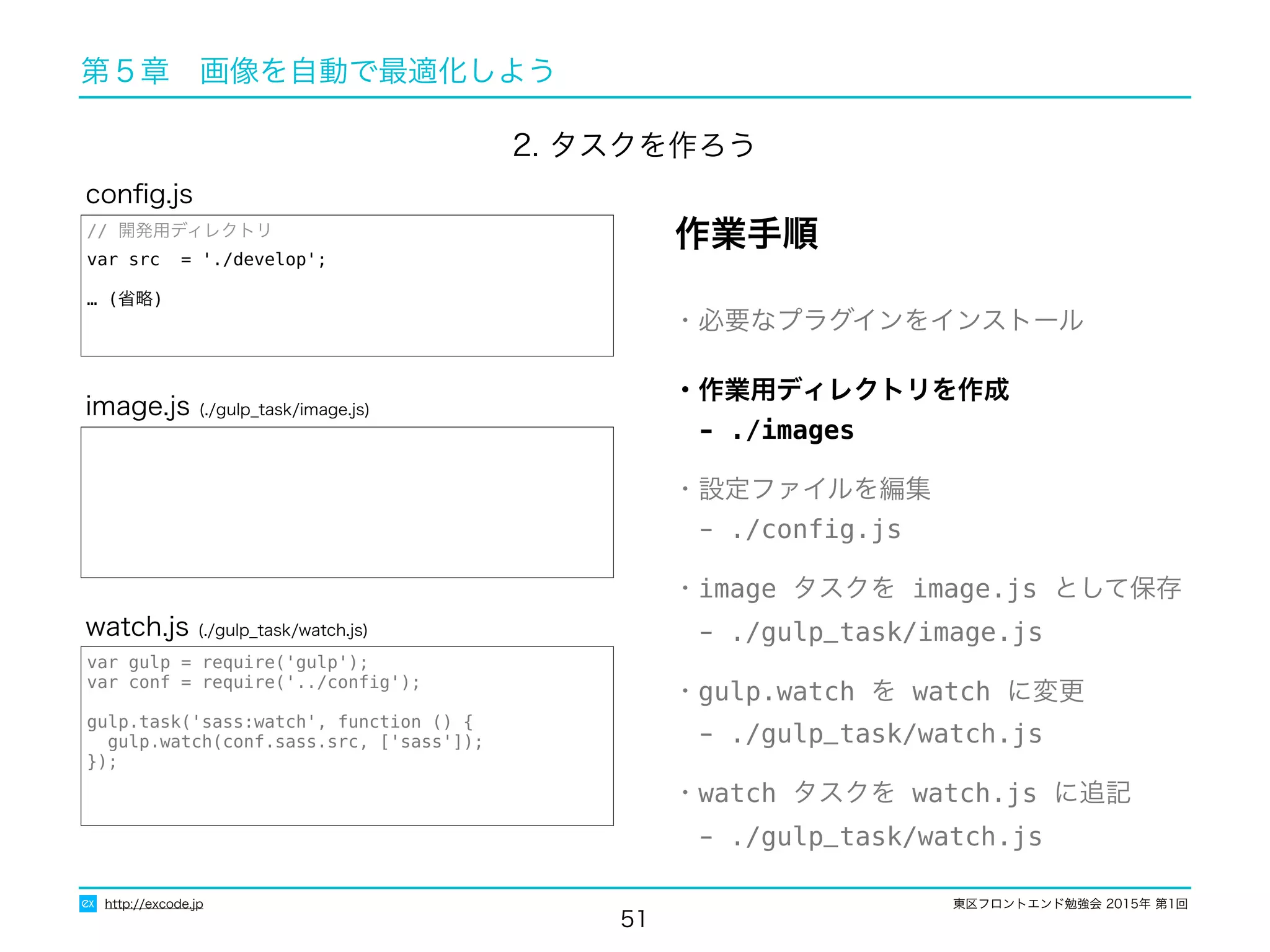 東区フロントエンド勉強会 2015年 第1回
51
http://excode.jp
第５章　画像を自動で最適化しよう
image.js (./gulp_task/image.js)
作業手順
var gulp = require('gulp');
var conf = require('../conﬁg');
gulp.task('sass:watch', function () {
gulp.watch(conf.sass.src, ['sass']);
});
watch.js (./gulp_task/watch.js)
・必要なプラグインをインストール
・作業用ディレクトリを作成
　- ./images
・設定ファイルを編集
　- ./conﬁg.js
・image タスクを image.js として保存
　- ./gulp_task/image.js
・gulp.watch を watch に変更
　- ./gulp_task/watch.js
・watch タスクを watch.js に追記
　- ./gulp_task/watch.js
2. タスクを作ろう
// 開発用ディレクトリ
var src = './develop';
… (省略)
conﬁg.js
 