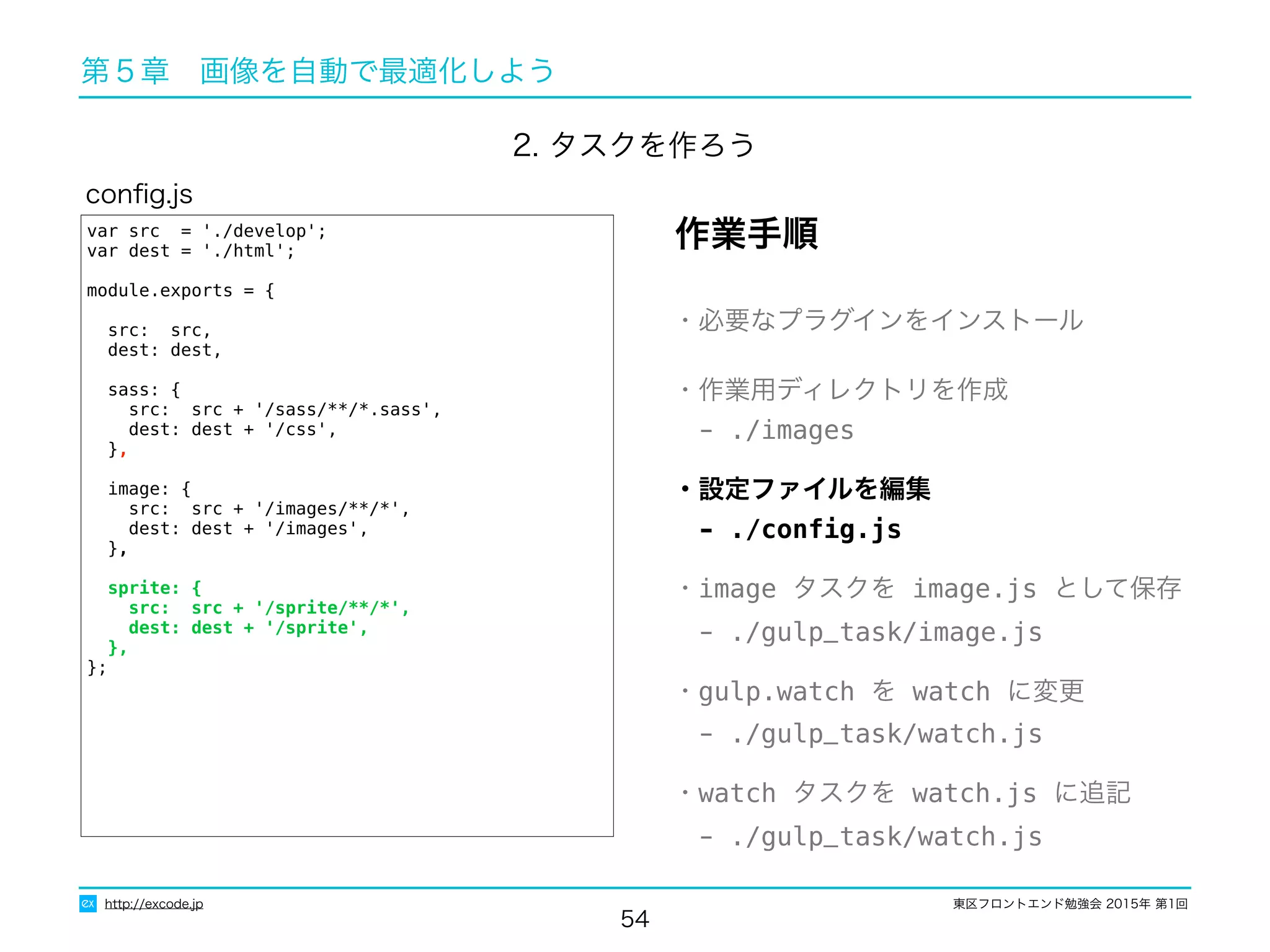 東区フロントエンド勉強会 2015年 第1回
54
http://excode.jp
第５章　画像を自動で最適化しよう
var src = './develop';
var dest = './html';
module.exports = {
src: src,
dest: dest,
sass: {
src: src + '/sass/**/*.sass',
dest: dest + '/css',
},
image: {
src: src + '/images/**/*',
dest: dest + '/images',
},
sprite: {
src: src + '/sprite/**/*',
dest: dest + '/sprite',
},
};
conﬁg.js
・必要なプラグインをインストール
・作業用ディレクトリを作成
　- ./images
・設定ファイルを編集
　- ./conﬁg.js
・image タスクを image.js として保存
　- ./gulp_task/image.js
・gulp.watch を watch に変更
　- ./gulp_task/watch.js
・watch タスクを watch.js に追記
　- ./gulp_task/watch.js
作業手順
2. タスクを作ろう
 