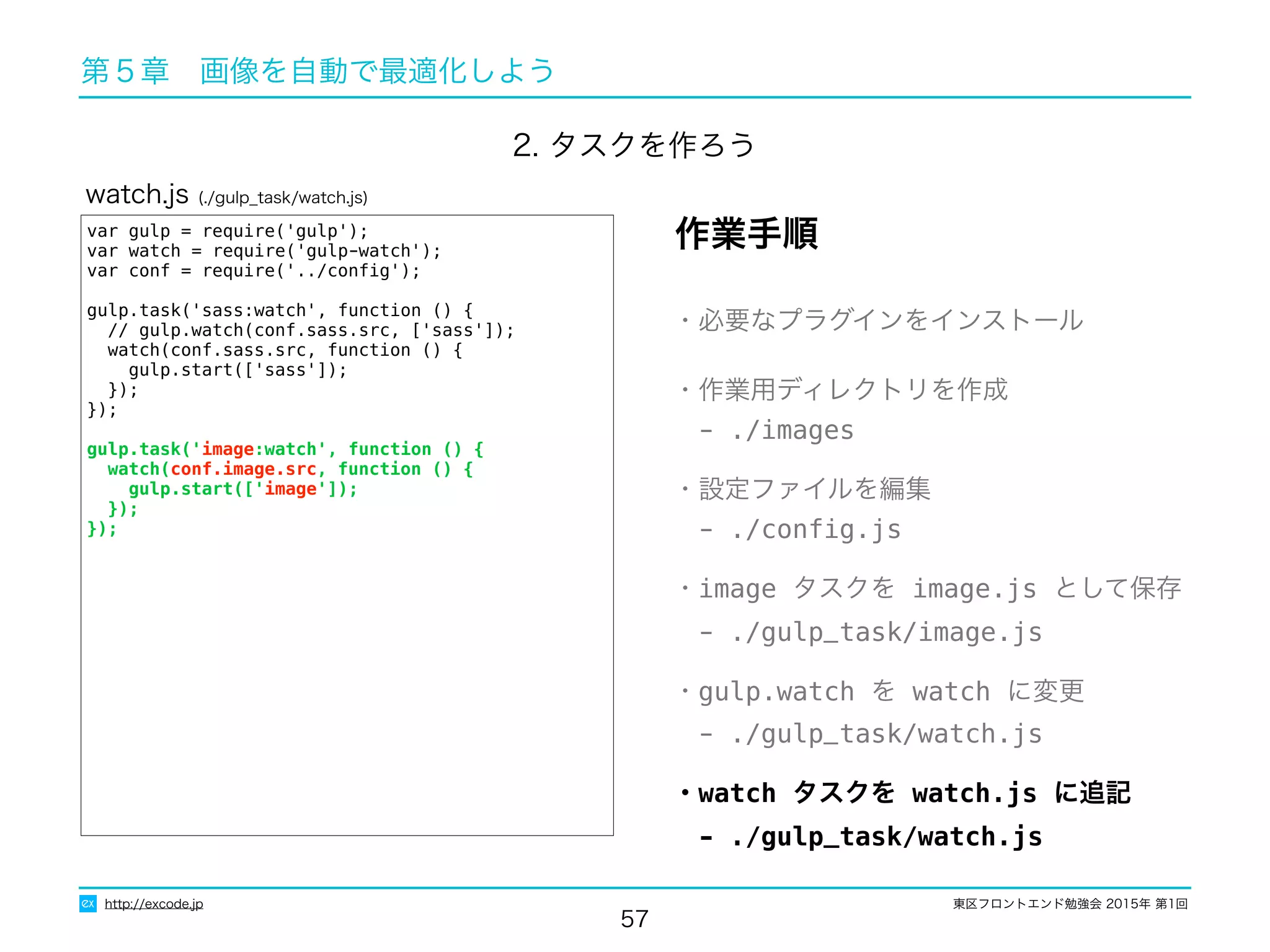 東区フロントエンド勉強会 2015年 第1回
57
http://excode.jp
第５章　画像を自動で最適化しよう
var gulp = require('gulp');
var watch = require('gulp-watch');
var conf = require('../conﬁg');
gulp.task('sass:watch', function () {
// gulp.watch(conf.sass.src, ['sass']);
watch(conf.sass.src, function () {
gulp.start(['sass']);
});
});
gulp.task('image:watch', function () {
watch(conf.image.src, function () {
gulp.start(['image']);
});
});
watch.js (./gulp_task/watch.js)
・必要なプラグインをインストール
・作業用ディレクトリを作成
　- ./images
・設定ファイルを編集
　- ./conﬁg.js
・image タスクを image.js として保存
　- ./gulp_task/image.js
・gulp.watch を watch に変更
　- ./gulp_task/watch.js
・watch タスクを watch.js に追記
　- ./gulp_task/watch.js
作業手順
2. タスクを作ろう
 