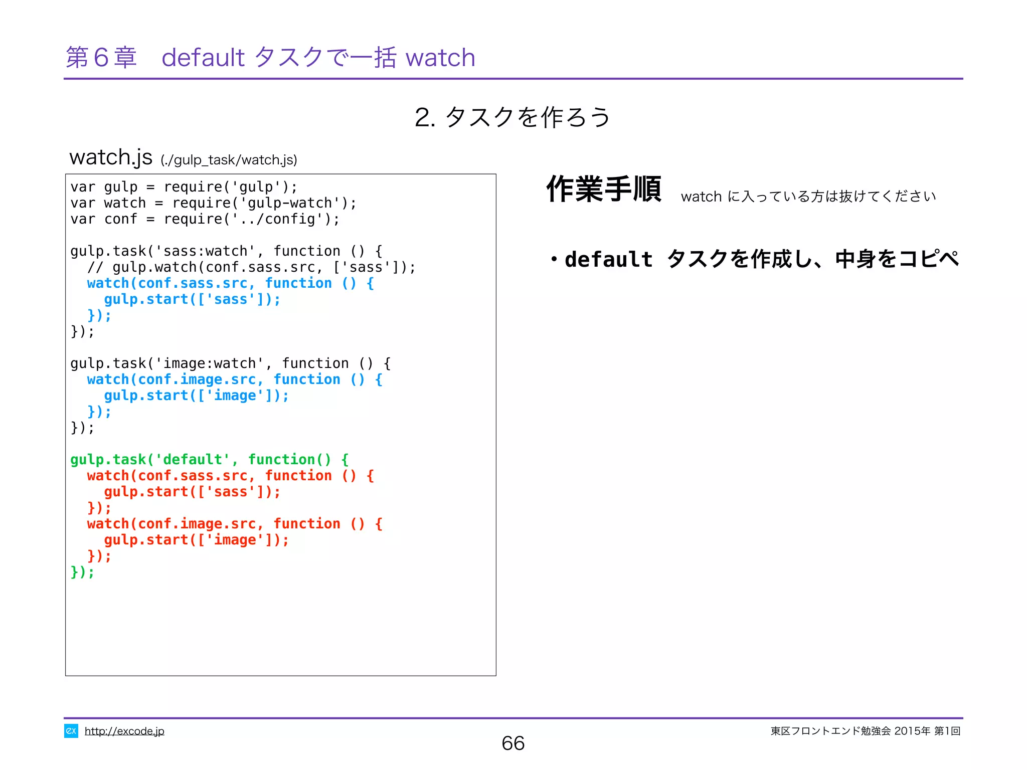 東区フロントエンド勉強会 2015年 第1回
66
http://excode.jp
var gulp = require('gulp');
var watch = require('gulp-watch');
var conf = require('../conﬁg');
gulp.task('sass:watch', function () {
// gulp.watch(conf.sass.src, ['sass']);
watch(conf.sass.src, function () {
gulp.start(['sass']);
});
});
gulp.task('image:watch', function () {
watch(conf.image.src, function () {
gulp.start(['image']);
});
});
gulp.task('default', function() {
watch(conf.sass.src, function () {
gulp.start(['sass']);
});
watch(conf.image.src, function () {
gulp.start(['image']);
});
});
watch.js (./gulp_task/watch.js)
・default タスクを作成し、中身をコピペ
作業手順
2. タスクを作ろう
第６章　default タスクで一括 watch
watch に入っている方は抜けてください
 