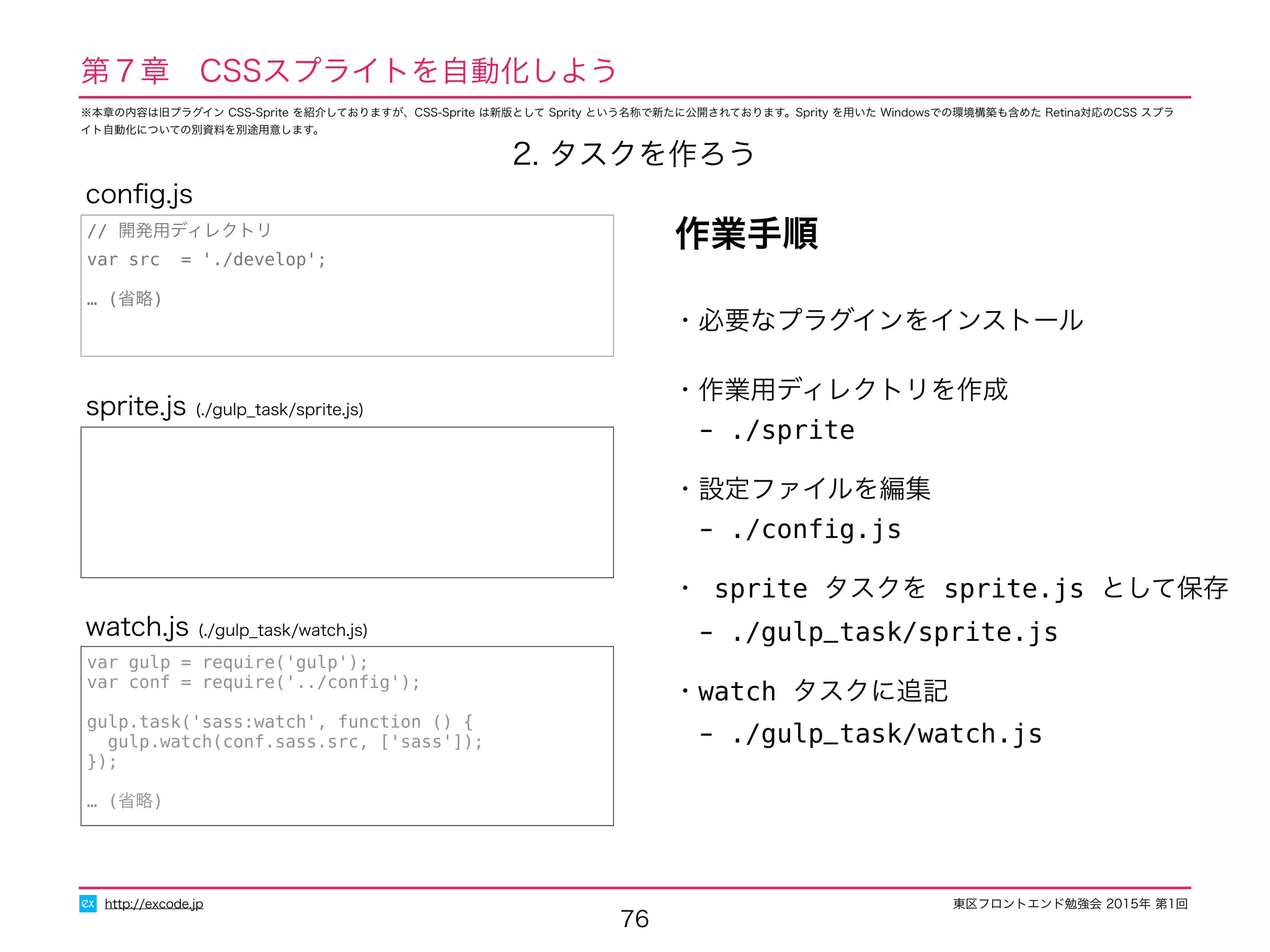 東区フロントエンド勉強会 2015年 第1回
76
http://excode.jp
第７章　CSSスプライトを自動化しよう
・必要なプラグインをインストール
・作業用ディレクトリを作成
　- ./sprite
・設定ファイルを編集
　- ./conﬁg.js
・ sprite タスクを sprite.js として保存
　- ./gulp_task/sprite.js
・watch タスクに追記
　- ./gulp_task/watch.js
作業手順
sprite.js (./gulp_task/sprite.js)
var gulp = require('gulp');
var conf = require('../conﬁg');
gulp.task('sass:watch', function () {
gulp.watch(conf.sass.src, ['sass']);
});
… (省略)
watch.js (./gulp_task/watch.js)
// 開発用ディレクトリ
var src = './develop';
… (省略)
conﬁg.js
2. タスクを作ろう
※本章の内容は旧プラグイン CSS-Sprite を紹介しておりますが、CSS-Sprite は新版として Sprity という名称で新たに公開されております。Sprity を用いた Windowsでの環境構築も含めた Retina対応のCSS スプラ
イト自動化についての別資料を別途用意します。
 