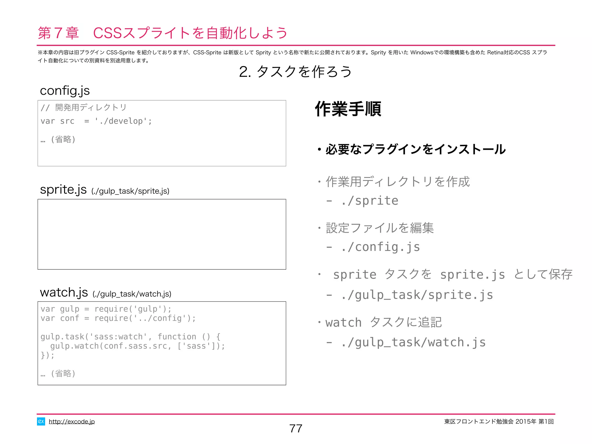 東区フロントエンド勉強会 2015年 第1回
77
http://excode.jp
第７章　CSSスプライトを自動化しよう
・必要なプラグインをインストール
・作業用ディレクトリを作成
　- ./sprite
・設定ファイルを編集
　- ./conﬁg.js
・ sprite タスクを sprite.js として保存
　- ./gulp_task/sprite.js
・watch タスクに追記
　- ./gulp_task/watch.js
作業手順
sprite.js (./gulp_task/sprite.js)
var gulp = require('gulp');
var conf = require('../conﬁg');
gulp.task('sass:watch', function () {
gulp.watch(conf.sass.src, ['sass']);
});
… (省略)
watch.js (./gulp_task/watch.js)
// 開発用ディレクトリ
var src = './develop';
… (省略)
conﬁg.js
2. タスクを作ろう
※本章の内容は旧プラグイン CSS-Sprite を紹介しておりますが、CSS-Sprite は新版として Sprity という名称で新たに公開されております。Sprity を用いた Windowsでの環境構築も含めた Retina対応のCSS スプラ
イト自動化についての別資料を別途用意します。
 