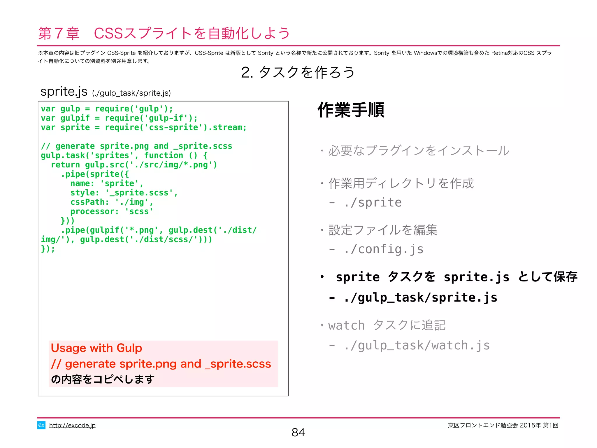 東区フロントエンド勉強会 2015年 第1回
84
http://excode.jp
第７章　CSSスプライトを自動化しよう
2. タスクを作ろう
作業手順
・必要なプラグインをインストール
・作業用ディレクトリを作成
　- ./sprite
・設定ファイルを編集
　- ./conﬁg.js
・ sprite タスクを sprite.js として保存
　- ./gulp_task/sprite.js
・watch タスクに追記
　- ./gulp_task/watch.js
var gulp = require('gulp');
var gulpif = require('gulp-if');
var sprite = require('css-sprite').stream;
// generate sprite.png and _sprite.scss
gulp.task('sprites', function () {
return gulp.src('./src/img/*.png')
.pipe(sprite({
name: 'sprite',
style: '_sprite.scss',
cssPath: './img',
processor: 'scss'
}))
.pipe(gulpif('*.png', gulp.dest('./dist/img/'), gulp.dest('./dist/
scss/')))
});
sprite.js (./gulp_task/sprite.js)
Usage with Gulp  
// generate sprite.png and _sprite.scss
の内容をコピペします
※本章の内容は旧プラグイン CSS-Sprite を紹介しておりますが、CSS-Sprite は新版として Sprity という名称で新たに公開されております。Sprity を用いた Windowsでの環境構築も含めた Retina対応のCSS スプラ
イト自動化についての別資料を別途用意します。
 