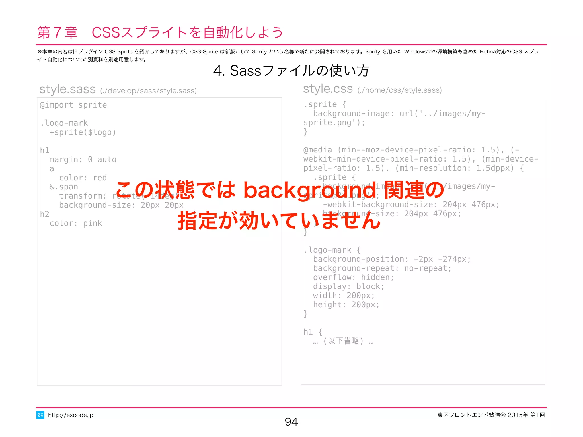 東区フロントエンド勉強会 2015年 第1回
94
http://excode.jp
第７章　CSSスプライトを自動化しよう
4. Sassファイルの使い方
@import sprite
.logo-mark
+sprite($logo)
h1
margin: 0 auto
a
color: red
&.span
transform: rotate(-14deg)
background-size: 20px 20px
h2
color: pink
style.sass (./develop/sass/style.sass)
.sprite {
background-image: url('../images/my-sprite.png');
}
@media (min--moz-device-pixel-ratio: 1.5), (-webkit-min-device-
pixel-ratio: 1.5), (min-device-pixel-ratio: 1.5), (min-resolution:
1.5dppx) {
.sprite {
background-image: url('../images/my-sprite@2x.png');
-webkit-background-size: 204px 476px;
background-size: 204px 476px;
}
}
.logo-mark {
background-position: -2px -274px;
background-repeat: no-repeat;
overﬂow: hidden;
display: block;
width: 200px;
height: 200px;
}
h1 {
… (以下省略) …
style.css (./home/css/style.sass)
この状態では background 関連の
指定が効いていません
※本章の内容は旧プラグイン CSS-Sprite を紹介しておりますが、CSS-Sprite は新版として Sprity という名称で新たに公開されております。Sprity を用いた Windowsでの環境構築も含めた Retina対応のCSS スプラ
イト自動化についての別資料を別途用意します。
 