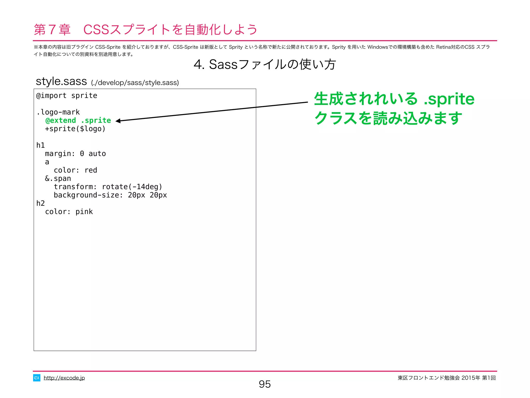 東区フロントエンド勉強会 2015年 第1回
95
http://excode.jp
第７章　CSSスプライトを自動化しよう
4. Sassファイルの使い方
@import sprite
.logo-mark
@extend .sprite
+sprite($logo)
h1
margin: 0 auto
a
color: red
&.span
transform: rotate(-14deg)
background-size: 20px 20px
h2
color: pink
style.sass (./develop/sass/style.sass)
生成されれいる .sprite
クラスを読み込みます
※本章の内容は旧プラグイン CSS-Sprite を紹介しておりますが、CSS-Sprite は新版として Sprity という名称で新たに公開されております。Sprity を用いた Windowsでの環境構築も含めた Retina対応のCSS スプラ
イト自動化についての別資料を別途用意します。
 