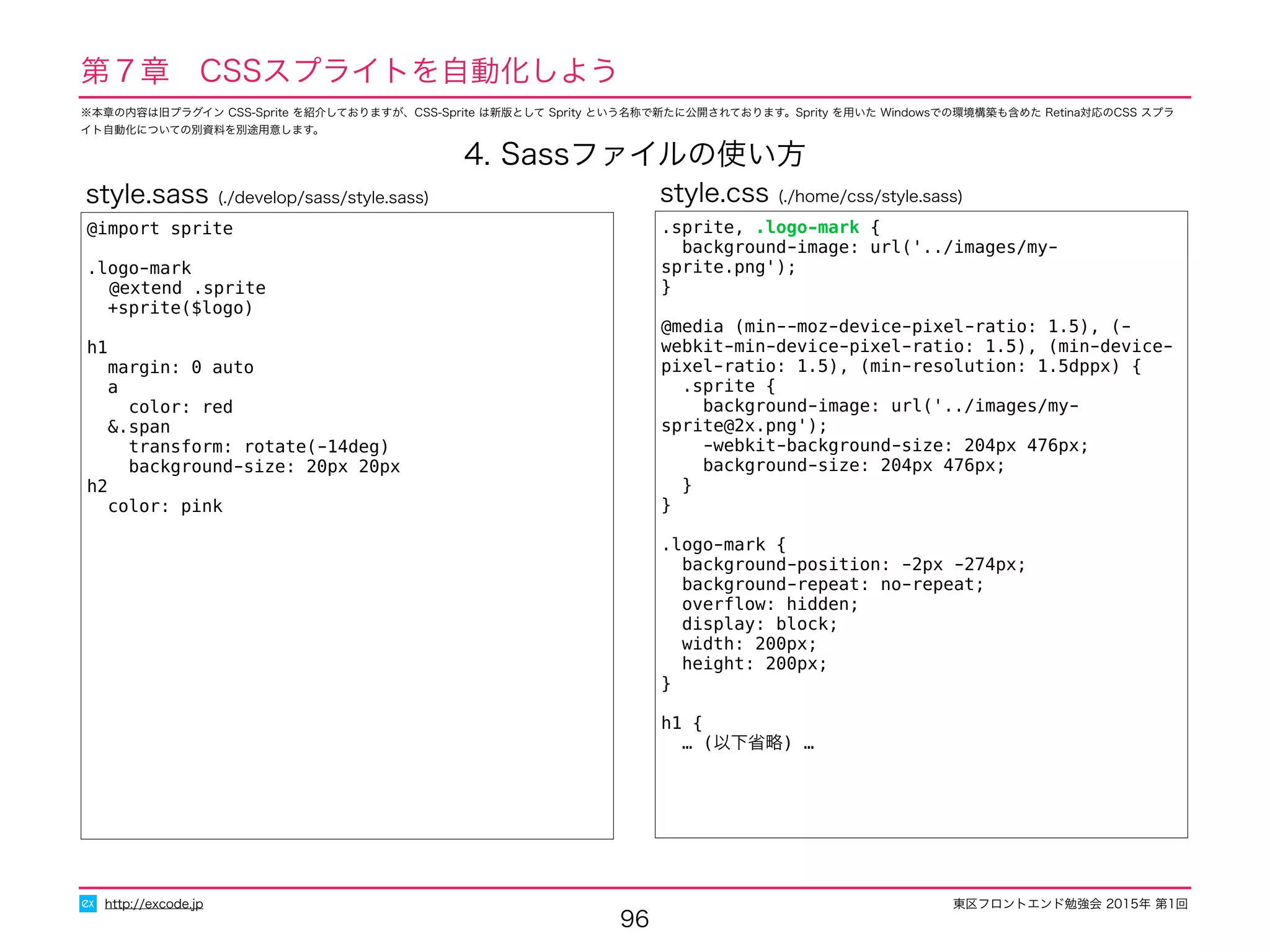 東区フロントエンド勉強会 2015年 第1回
96
http://excode.jp
第７章　CSSスプライトを自動化しよう
4. Sassファイルの使い方
@import sprite
.logo-mark
@extend .sprite
+sprite($logo)
h1
margin: 0 auto
a
color: red
&.span
transform: rotate(-14deg)
background-size: 20px 20px
h2
color: pink
style.sass (./develop/sass/style.sass)
.sprite, .logo-mark {
background-image: url('../images/my-sprite.png');
}
@media (min--moz-device-pixel-ratio: 1.5), (-webkit-min-device-
pixel-ratio: 1.5), (min-device-pixel-ratio: 1.5), (min-resolution:
1.5dppx) {
.sprite {
background-image: url('../images/my-sprite@2x.png');
-webkit-background-size: 204px 476px;
background-size: 204px 476px;
}
}
.logo-mark {
background-position: -2px -274px;
background-repeat: no-repeat;
overﬂow: hidden;
display: block;
width: 200px;
height: 200px;
}
h1 {
… (以下省略) …
style.css (./home/css/style.sass)
※本章の内容は旧プラグイン CSS-Sprite を紹介しておりますが、CSS-Sprite は新版として Sprity という名称で新たに公開されております。Sprity を用いた Windowsでの環境構築も含めた Retina対応のCSS スプラ
イト自動化についての別資料を別途用意します。
 