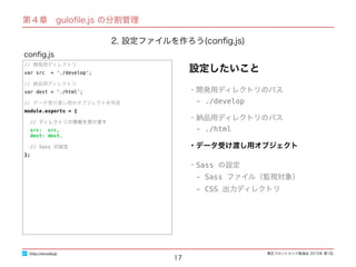 東区フロントエンド勉強会 2015年 第1回
17
// 開発用ディレクトリ
var src = './develop';
// 納品用ディレクトリ
var dest = './html';
// データ受け渡し用のオブジェクトを作成
module.exports = {
// ディレクトリの情報を受け渡す
src: src,
dest: dest,
// Sass の設定
};
conﬁg.js
http://excode.jp
第４章　guloﬁle.js の分割管理
2. 設定ファイルを作ろう(conﬁg.js)
設定したいこと
・開発用ディレクトリのパス
　- ./develop
・納品用ディレクトリのパス
　- ./html
・データ受け渡し用オブジェクト
・Sass の設定
　- Sass ファイル（監視対象）
　- CSS 出力ディレクトリ
 
