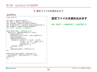 東区フロントエンド勉強会 2015年 第1回
20
'use strict';
var gulp = require('gulp');
var sass = require('gulp-sass');
var csscomb = require('gulp-csscomb');
var autopreﬁxer = require('gulp-autopreﬁxer');
var plumber = require('gulp-plumber');
var conf = require('./conﬁg');
gulp.task('sass', function () {
gulp.src('./develop/sass/**/*.sass')
.pipe(plumber())
.pipe(sass().on('error', sass.logError))
.pipe(csscomb())
.pipe(autopreﬁxer({
browsers:['safari 5', 'ie 8', 'ie 9',
'ie 10', 'ie 11', 'opera 12.1',
'ﬁrefox 14', 'ios 6',
'android 2.1'],
cascade: false
}))
.pipe(gulp.dest('./html/css'));
});
gulp.task('sass:watch', function () {
gulp.watch('./develop/sass/**/*.sass', ['sass']);
});
gulpﬁle.js
http://excode.jp
第４章　guloﬁle.js の分割管理
3. 設定ファイルを読み込もう
設定ファイルを読み込みます
var conf = require('./conﬁg');
 