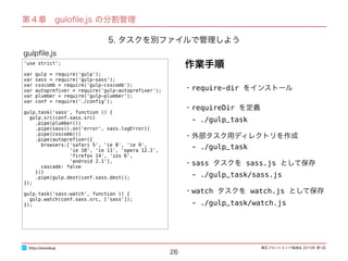 東区フロントエンド勉強会 2015年 第1回
26
'use strict';
var gulp = require('gulp');
var sass = require('gulp-sass');
var csscomb = require('gulp-csscomb');
var autopreﬁxer = require('gulp-autopreﬁxer');
var plumber = require('gulp-plumber');
var conf = require('./conﬁg');
gulp.task('sass', function () {
gulp.src(conf.sass.src)
.pipe(plumber())
.pipe(sass().on('error', sass.logError))
.pipe(csscomb())
.pipe(autopreﬁxer({
browsers:['safari 5', 'ie 8', 'ie 9',
'ie 10', 'ie 11', 'opera 12.1',
'ﬁrefox 14', 'ios 6',
'android 2.1'],
cascade: false
}))
.pipe(gulp.dest(conf.sass.dest));
});
gulp.task('sass:watch', function () {
gulp.watch(conf.sass.src, ['sass']);
});
gulpﬁle.js
http://excode.jp
第４章　guloﬁle.js の分割管理
作業手順
5. タスクを別ファイルで管理しよう
・require-dir をインストール
・requireDir を定義
　- ./gulp_task
・外部タスク用ディレクトリを作成
　- ./gulp_task
・sass タスクを sass.js として保存
　- ./gulp_task/sass.js
・watch タスクを watch.js として保存
　- ./gulp_task/watch.js
 
