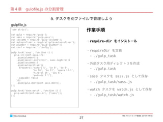 東区フロントエンド勉強会 2015年 第1回
27
'use strict';
var gulp = require('gulp');
var sass = require('gulp-sass');
var csscomb = require('gulp-csscomb');
var autopreﬁxer = require('gulp-autopreﬁxer');
var plumber = require('gulp-plumber');
var conf = require('./conﬁg');
gulp.task('sass', function () {
gulp.src(conf.sass.src)
.pipe(plumber())
.pipe(sass().on('error', sass.logError))
.pipe(csscomb())
.pipe(autopreﬁxer({
browsers:['safari 5', 'ie 8', 'ie 9',
'ie 10', 'ie 11', 'opera 12.1',
'ﬁrefox 14', 'ios 6',
'android 2.1'],
cascade: false
}))
.pipe(gulp.dest(conf.sass.dest));
});
gulp.task('sass:watch', function () {
gulp.watch(conf.sass.src, ['sass']);
});
gulpﬁle.js
http://excode.jp
第４章　guloﬁle.js の分割管理
作業手順
5. タスクを別ファイルで管理しよう
・require-dir をインストール
・requireDir を定義
　- ./gulp_task
・外部タスク用ディレクトリを作成
　- ./gulp_task
・sass タスクを sass.js として保存
　- ./gulp_task/sass.js
・watch タスクを watch.js として保存
　- ./gulp_task/watch.js
 