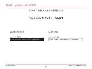 東区フロントエンド勉強会 2015年 第1回
30
Windows の方 Mac の方
> npm install require-dir --save-dev
require-dir を追加
$ npm install require-dir --save-dev
require-dir を追加
http://excode.jp
第４章　guloﬁle.js の分割管理
5. タスクを別ファイルで管理しよう
require-dir をインストールします
 