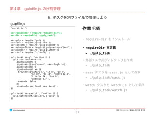 東区フロントエンド勉強会 2015年 第1回
31
'use strict';
var requireDir = require('require-dir');
var dir = requireDir('./gulp_task');
var gulp = require('gulp');
var sass = require('gulp-sass');
var csscomb = require('gulp-csscomb');
var autopreﬁxer = require('gulp-autopreﬁxer');
var plumber = require('gulp-plumber');
var conf = require('./conﬁg');
gulp.task('sass', function () {
gulp.src(conf.sass.src)
.pipe(plumber())
.pipe(sass().on('error', sass.logError))
.pipe(csscomb())
.pipe(autopreﬁxer({
browsers:['safari 5', 'ie 8', 'ie 9',
'ie 10', 'ie 11', 'opera 12.1',
'ﬁrefox 14', 'ios 6',
'android 2.1'],
cascade: false
}))
.pipe(gulp.dest(conf.sass.dest));
});
gulp.task('sass:watch', function () {
gulp.watch(conf.sass.src, ['sass']);
});
gulpﬁle.js
http://excode.jp
第４章　guloﬁle.js の分割管理
作業手順
5. タスクを別ファイルで管理しよう
・require-dir をインストール
・requireDir を定義
　- ./gulp_task
・外部タスク用ディレクトリを作成
　- ./gulp_task
・sass タスクを sass.js として保存
　- ./gulp_task/sass.js
・watch タスクを watch.js として保存
　- ./gulp_task/watch.js
 