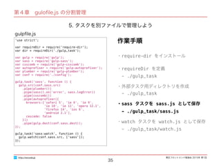 東区フロントエンド勉強会 2015年 第1回
35
'use strict';
var requireDir = require('require-dir');
var dir = requireDir('./gulp_task');
var gulp = require('gulp');
var sass = require('gulp-sass');
var csscomb = require('gulp-csscomb');
var autopreﬁxer = require('gulp-autopreﬁxer');
var plumber = require('gulp-plumber');
var conf = require('./conﬁg');
gulp.task('sass', function () {
gulp.src(conf.sass.src)
.pipe(plumber())
.pipe(sass().on('error', sass.logError))
.pipe(csscomb())
.pipe(autopreﬁxer({
browsers:['safari 5', 'ie 8', 'ie 9',
'ie 10', 'ie 11', 'opera 12.1',
'ﬁrefox 14', 'ios 6',
'android 2.1'],
cascade: false
}))
.pipe(gulp.dest(conf.sass.dest));
});
gulp.task('sass:watch', function () {
gulp.watch(conf.sass.src, ['sass']);
});
gulpﬁle.js
http://excode.jp
第４章　guloﬁle.js の分割管理
5. タスクを別ファイルで管理しよう
・require-dir をインストール
・requireDir を定義
　- ./gulp_task
・外部タスク用ディレクトリを作成
　- ./gulp_task
・sass タスクを sass.js として保存
　- ./gulp_task/sass.js
・watch タスクを watch.js として保存
　- ./gulp_task/watch.js
作業手順
 