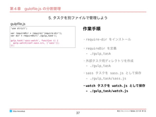 東区フロントエンド勉強会 2015年 第1回
37
'use strict';
var requireDir = require('require-dir');
var dir = requireDir('./gulp_task');
gulp.task('sass:watch', function () {
gulp.watch(conf.sass.src, ['sass']);
});
gulpﬁle.js
http://excode.jp
第４章　guloﬁle.js の分割管理
5. タスクを別ファイルで管理しよう
作業手順
・require-dir をインストール
・requireDir を定義
　- ./gulp_task
・外部タスク用ディレクトリを作成
　- ./gulp_task
・sass タスクを sass.js として保存
　- ./gulp_task/sass.js
・watch タスクを watch.js として保存
　- ./gulp_task/watch.js
 