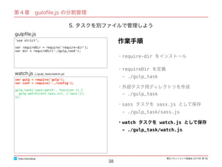 東区フロントエンド勉強会 2015年 第1回
38
'use strict';
var requireDir = require('require-dir');
var dir = requireDir('./gulp_task');
gulpﬁle.js
http://excode.jp
第４章　guloﬁle.js の分割管理
5. タスクを別ファイルで管理しよう
var gulp = require('gulp');
var conf = require('../conﬁg');
gulp.task('sass:watch', function () {
gulp.watch(conf.sass.src, ['sass']);
});
watch.js (./gulp_task/watch.js)
作業手順
・require-dir をインストール
・requireDir を定義
　- ./gulp_task
・外部タスク用ディレクトリを作成
　- ./gulp_task
・sass タスクを sass.js として保存
　- ./gulp_task/sass.js
・watch タスクを watch.js として保存
　- ./gulp_task/watch.js
 