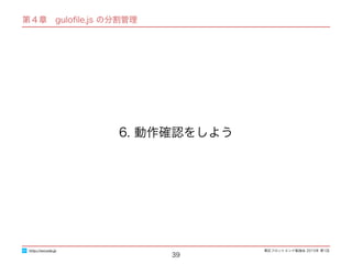 東区フロントエンド勉強会 2015年 第1回
第４章　guloﬁle.js の分割管理
39
6. 動作確認をしよう
http://excode.jp
 