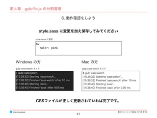 東区フロントエンド勉強会 2015年 第1回
41
http://excode.jp
第４章　guloﬁle.js の分割管理
6. 動作確認をしよう
style.sass に追記
style.sass に変更を加え保存してみてください
h2
color: pink
Windows の方 Mac の方
$ gulp sass:watch
[15:38:32] Starting 'sass:watch'...
[15:38:32] Finished 'sass:watch' after 10 ms
[15:38:40] Starting 'sass'...
[15:38:40] Finished 'sass' after 9.06 ms
gulp sass:watch タスク
> gulp sass:watch
[15:38:32] Starting 'sass:watch'...
[15:38:32] Finished 'sass:watch' after 10 ms
[15:38:40] Starting 'sass'...
[15:38:40] Finished 'sass' after 9.06 ms
gulp sass:watch タスク
CSSファイルが正しく更新されていれば完了です。
 