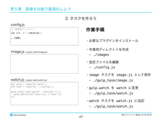 東区フロントエンド勉強会 2015年 第1回
47
http://excode.jp
第５章　画像を自動で最適化しよう
・必要なプラグインをインストール
・作業用ディレクトリを作成
　- ./images
・設定ファイルを編集
　- ./conﬁg.js
・image タスクを image.js として保存
　- ./gulp_task/image.js
・gulp.watch を watch に変更
　- ./gulp_task/watch.js
・watch タスクを watch.js に追記
　- ./gulp_task/watch.js
作業手順
image.js (./gulp_task/image.js)
var gulp = require('gulp');
var conf = require('../conﬁg');
gulp.task('sass:watch', function () {
gulp.watch(conf.sass.src, ['sass']);
});
watch.js (./gulp_task/watch.js)
// 開発用ディレクトリ
var src = './develop';
… (省略)
conﬁg.js
2. タスクを作ろう
 