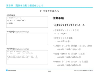東区フロントエンド勉強会 2015年 第1回
48
http://excode.jp
第５章　画像を自動で最適化しよう
・必要なプラグインをインストール
・作業用ディレクトリを作成
　- ./images
・設定ファイルを編集
　- ./conﬁg.js
・image タスクを image.js として保存
　- ./gulp_task/image.js
・gulp.watch を watch に変更
　- ./gulp_task/watch.js
・watch タスクを watch.js に追記
　- ./gulp_task/watch.js
作業手順
image.js (./gulp_task/image.js)
var gulp = require('gulp');
var conf = require('../conﬁg');
gulp.task('sass:watch', function () {
gulp.watch(conf.sass.src, ['sass']);
});
watch.js (./gulp_task/watch.js)
// 開発用ディレクトリ
var src = './develop';
… (省略)
conﬁg.js
2. タスクを作ろう
 