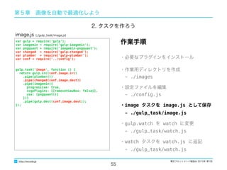 東区フロントエンド勉強会 2015年 第1回
55
http://excode.jp
第５章　画像を自動で最適化しよう
var gulp = require('gulp');
var imagemin = require('gulp-imagemin');
var pngquant = require('imagemin-pngquant');
var changed = require('gulp-changed');
var plumber = require('gulp-plumber');
var conf = require('../conﬁg');
gulp.task('image', function () {
return gulp.src(conf.image.src)
.pipe(plumber())
.pipe(changed(conf.image.dest))
.pipe(imagemin({
progressive: true,
svgoPlugins: [{removeViewBox: false}],
use: [pngquant()]
}))
.pipe(gulp.dest(conf.image.dest));
});
image.js (./gulp_task/image.js)
・必要なプラグインをインストール
・作業用ディレクトリを作成
　- ./images
・設定ファイルを編集
　- ./conﬁg.js
・image タスクを image.js として保存
　- ./gulp_task/image.js
・gulp.watch を watch に変更
　- ./gulp_task/watch.js
・watch タスクを watch.js に追記
　- ./gulp_task/watch.js
作業手順
2. タスクを作ろう
 